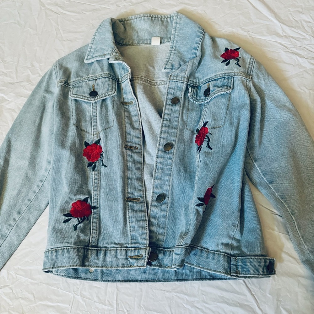 Light Blue Embroidered Rose Denim Jacket - Women's
